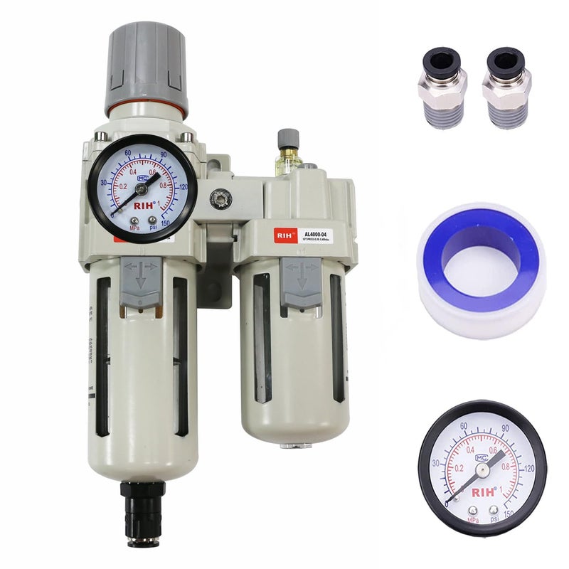 RIH Store Pneumatics Compressed Air Filter Regulator Lubricator Combo Water/Oil Trap Separator - Gauge(0-150 psi), Semi-Auto Drain, Poly Bowl,Bracket - 3 in 1 Two Unit (1/2“ NPT Auto Drain) - Image 1